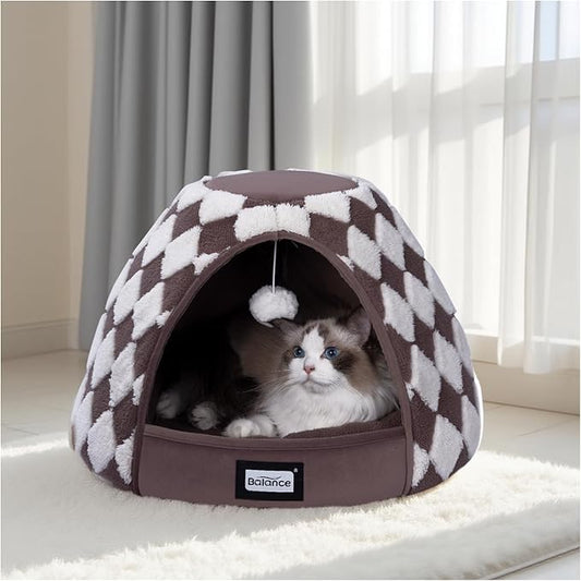 BALANCE Cat Beds for Indoor Cats, 2-in-1 Cat Bed Cave with Anti-Slip Bottom and Ultra-Soft Plush, Cozy Cats House Tent for Kittens and Small Dogs, 21 Inches, Dark Brown