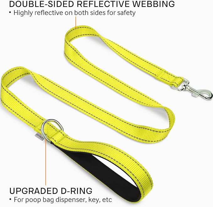 Joytale Double-Sided Reflective Dog Leash, 6 FT/5 FT/4 FT, Padded Handle Nylon Heavy Duty Leashes for Medium & Large Dogs Walking, Yellow, 5FT
