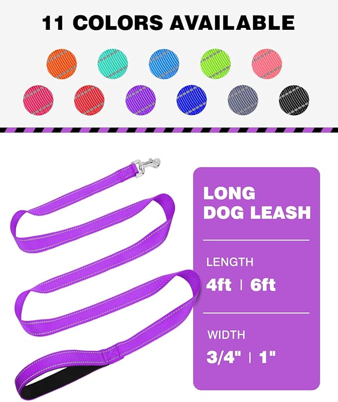 4FT Reflective Nylon Dog Leash with Soft Padded Handle for Walking, Running and Training, Supports Small Medium and Large Dogs (Purple, 3/4 Inch Wide)