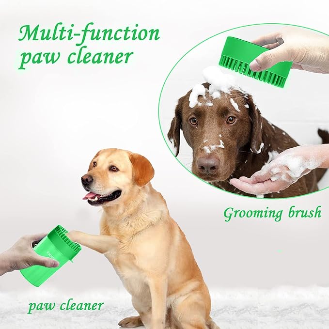 Dog Paw Cleaner for Meduim/Small Breed Dogs with 3Pcs Absorbent Towels & Graspable Dog Bath Brush (Green, Medium)