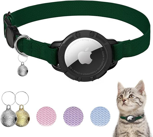 AirTag Cat Collars, Stretchy Collar with Apple AirTag Holder and Bell, Breakaway Ultra Design Elastic GPS Tracking Collars for Cats and Puppies, (7.5-12.5 Inch), Forest Green