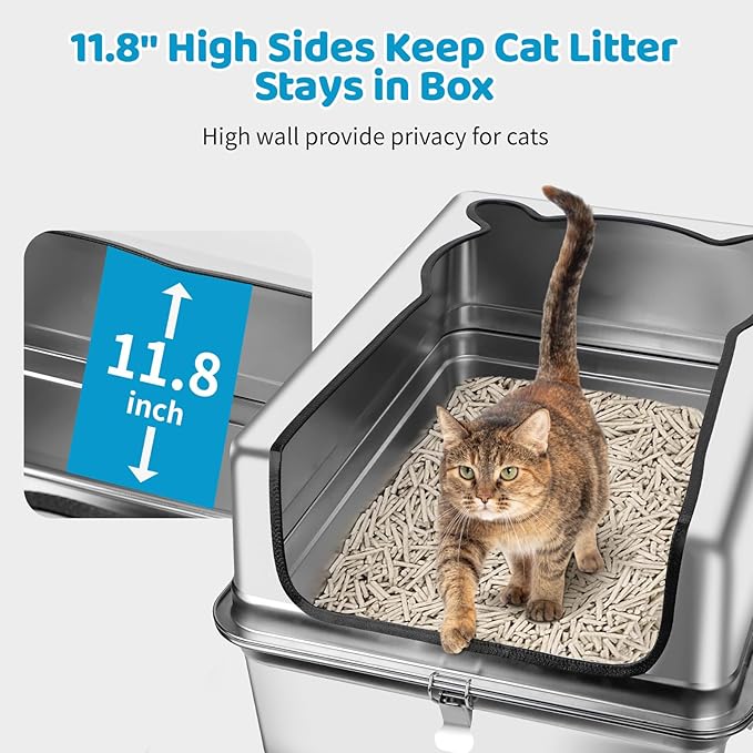 Extra Large Stainless Steel Litter Box, XXXL 27.5" L x 19.7" W x 11.8" H Semi Enclosed Removable Metal Cat Litter Box with High Sided Enclosure, Scoop, Anti-Leakage, Non-Sticky, Easy Cleaning