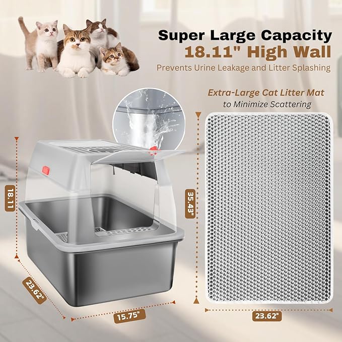 XXL Stainless Steel Sifting Litter Box with Lid, Fully Enclosed 8" Deep Metal Cat Litter Box, Leak-Proof, for Pine Pellets or Non-clumping Litter, for Large & Multi-Cats, with Litter Mat & Scooper