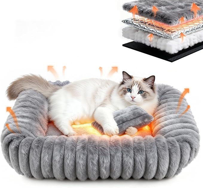 Cat Beds for Indoor Cats, Square Self Warming Cat Bed Orthopedic Pet Bed with Pillow Super Soft Rabbit Fur Small Dog Beds, Calming Plush Kitten Bed with Removable Washable Cover & Anti-Slip Bottom