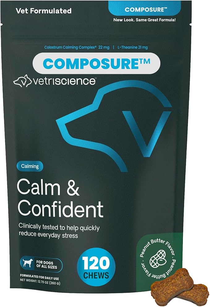 VetriScience Calm & Confident Chews, Composure Clinically Tested Calming and Anxiety Supplement for Dogs, Reduce Stress and Fear, for Thunderstorms, Fireworks and Travel, Peanut Butter, 120 Count