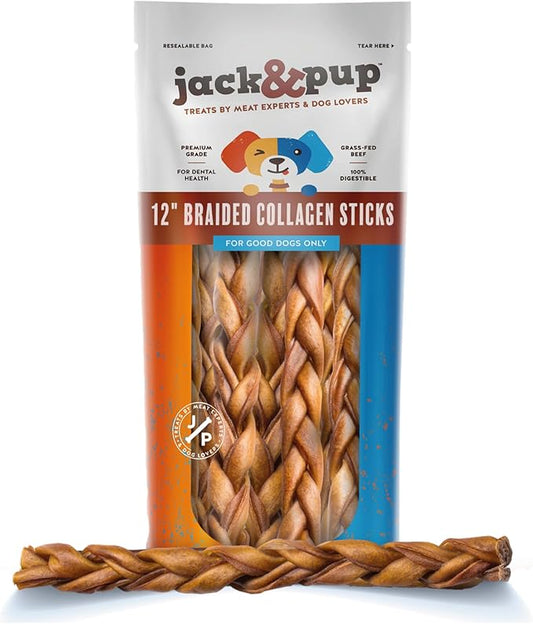 Jack&Pup 12" Braided Beef Collagen Sticks for Dogs - Rawhide Free Dog Chews Long Lasting Collagen Chews for Dogs - Bully Sticks Alternative (8 Pack)