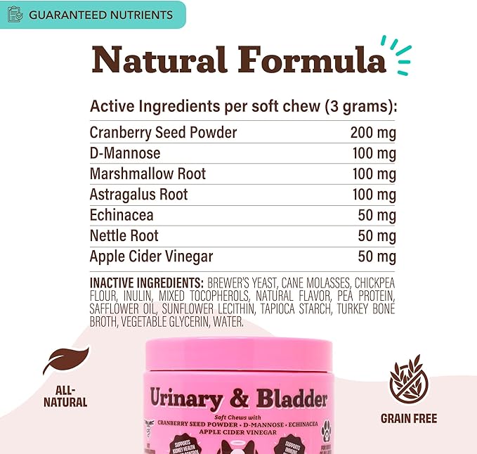 Natural Dog Company Urinary & Bladder Supplement for Dogs – Cranberry & D-Mannose Soft Chews with Marshmallow Root & Astragalus – Supports Urinary Tract Health, Bladder Function & Normal Urine Flow