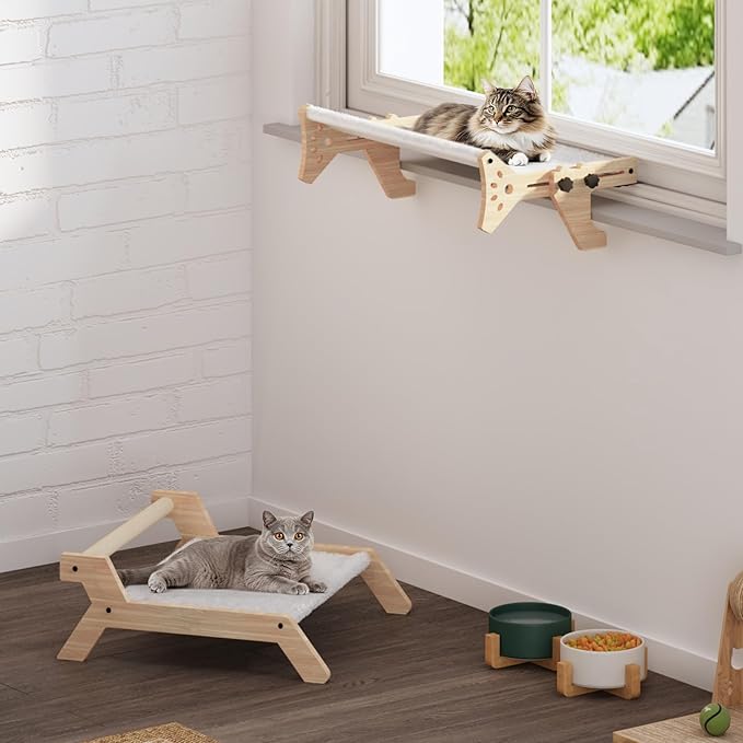HOOBRO Cat Window Perch Set of 2, Cat Window Hammock with Soft Plush, Cat Window Seat with Support Legs for Indoor Use, Cat Beds for Window and Floor, Natural NL44CS03