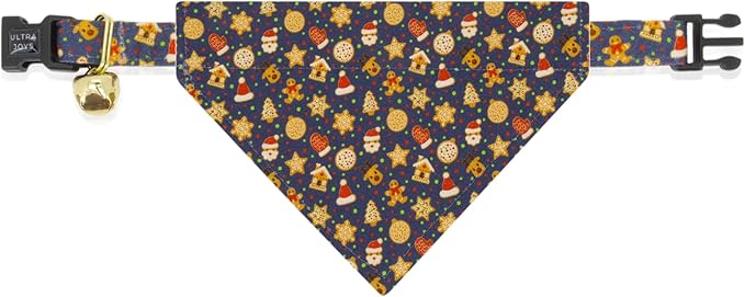 Ultra Joys Cat Collar with Bells - Breakaway for Kittens & Cats - Break Away Collar with Bandana and Bowtie Gingerbread Man Large