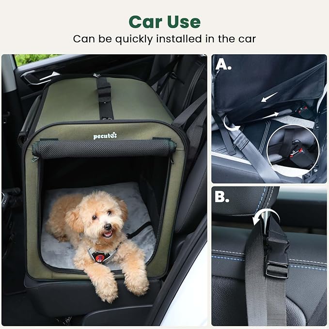 Dog Car Carrier Light Weight 24×17.7×20.5in, Dog Carrier Easy to Assemble, Dog Car Crate Portable and Breathable, Foldable Pet Carrier for Indoor and Outdoor, Dog Travel Crate with Curtain Green