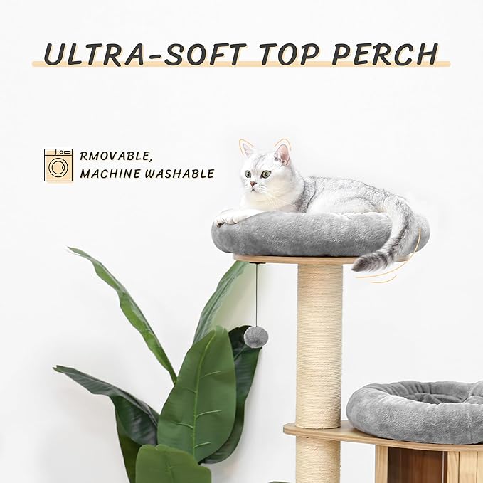 KAMABOKO 58.6" Modern Cat Tree, Wood Cat Tree w/ 4.7" Large Dia Sisal Scratching Posts, Heavy-Duty Cat Trees for Large Cats with Condo, Cushions for Cats Climb Scratch Play Rest
