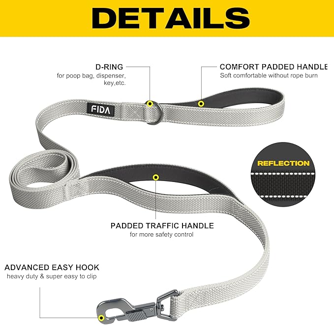 Fida 6 FT Heavy Duty Dog Leash with 2 Comfortable Padded Handles, Traffic Handle & Advanced Easy Snap Hook, Reflective Walking Lead for Large, Medium & Small Breed Dogs, Grey