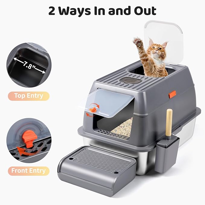 Stainless Steel Litter Box with Lid, XXL 23.6"L x 15.7"W x 15.7"H Large Metal Cat Litter Box Enclosed High Sided Removable Litter Tray with Top Entry, Scoop, Step, Easy Cleaning (Dark Grey)
