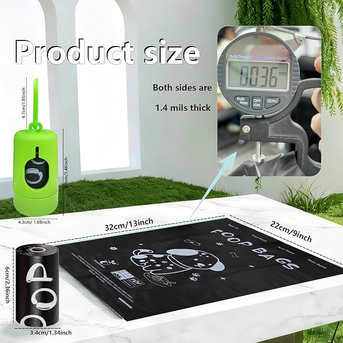 100% plant-based Dog Poop Bags Rolls, ASTM D6400 & EN 13432 Compliant, 120 Poop Bags including dispenser, 13 in × 9 in black poop bags for dogs, Super thick 100% leak proof