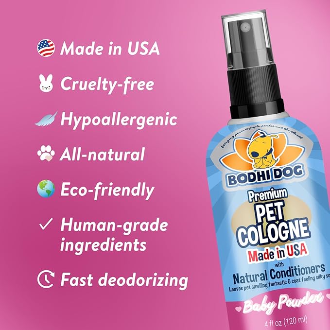 Bodhi Dog Premium Dog Cologne - Deodorizing Dog Perfume & Conditioner for Dogs & Cats - Natural Long Lasting Spray - Keeps Pets Fresh All Day - Gentle & Safe Formula, Made in USA (Baby Powder 4 Fl Oz)
