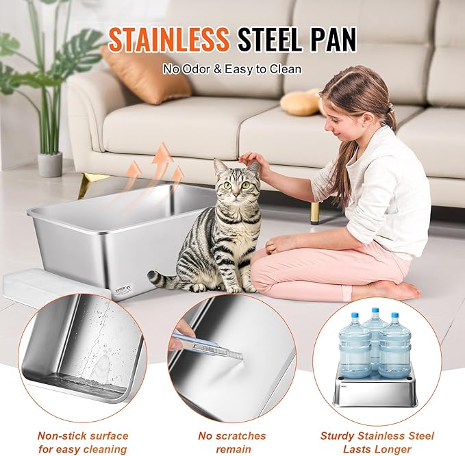 VEVOR 8'' Deep Stainless Steel Cat Litter Box,3 Pack XL Extra Large Metal Cat Litter Box for Big Cats,Non Sticky,Odor-Free &Easy-to-Clean,Include Filtering Foot Board & Scoop