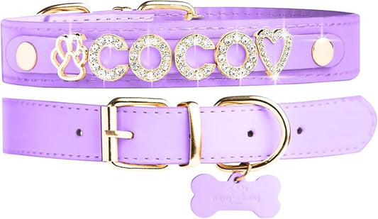 Paws Paws Miami Custom Dog Collar for Medium Dogs, Personalized with Name in Gold-Plated Cubic Zirconia Initials and Charm Jewels, Purple M