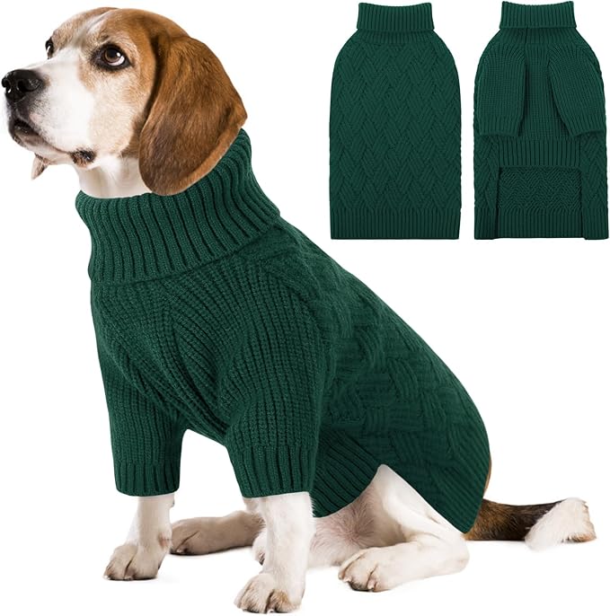 SUNFURA Dog Sweater, Christmas Sweaters for Large Dogs, Solid Color Dog Pullover for Fall Winter, Warm Sweatshirt Knit Turtleneck for Corgi, French Bulldog, Green L
