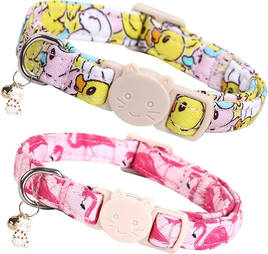 Elegant little tail 2 Pack Cat Collar-Animal Print Cotton Breakaway Cat Collars with Bell Pendant Kitten Boy Girl Safety Adjustable Collar for Small Cats Puppy