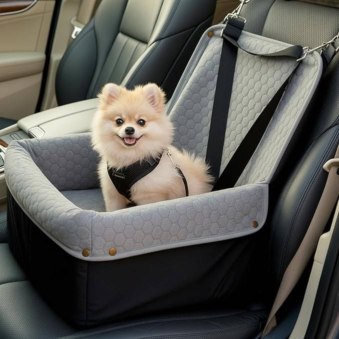 Dog Car Seat for Small Medium Dogs, Travel Pet Car Bed with Removable Waterproof Cover, Memory Foam Dog Booster Seats Up to 35 lbs, Safety Belt and Storage Pocket(Gray)