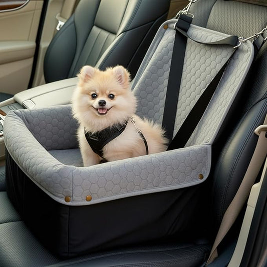 Dog Car Seat for Small Medium Dogs, Travel Pet Car Bed with Removable Waterproof Cover, Memory Foam Dog Booster Seats Up to 35 lbs, Safety Belt and Storage Pocket(Gray)