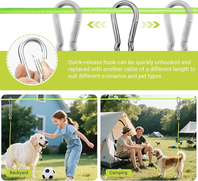 Heavy-Duty Dog Tie-Out Cable Runner System for Yard & Camping, 50/100/120ft with 10/15ft Pulley Line, Supports Dogs Up to 250lbs (Green, 50FT)