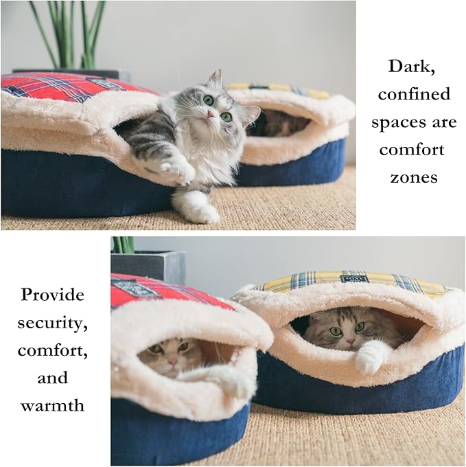 Cat Cave Bed – Plush, Warm & Calming Hideaway with Detachable Lid & Mat, Covered House for Indoor Kitten & Kitty (Snow)