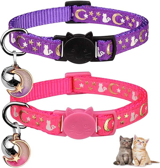 2PCS Breakaway Cat Collars with Bell Moons Stars Cute Kitty Adjustable Safe Kitten Collars with Pendant Glow in The Dark(Purple&Pink)