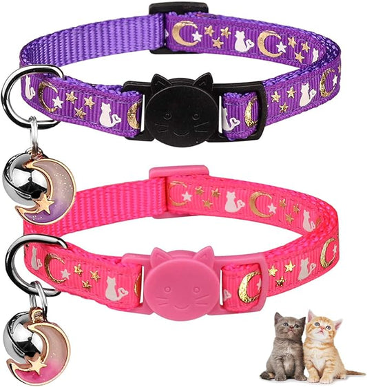 2PCS Breakaway Cat Collars with Bell Moons Stars Cute Kitty Adjustable Safe Kitten Collars with Pendant Glow in The Dark(Purple&Pink)