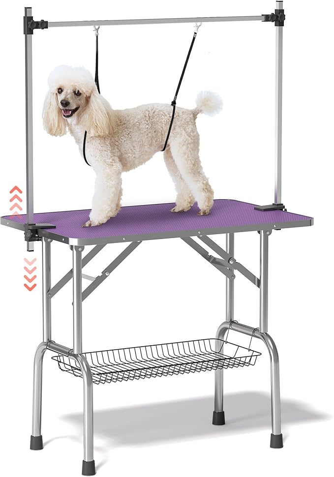Lyromix Dog Grooming Table, Adjustable Large Pet Drying Desktop, Foldable Bathing Desk with Arms, Noose, Mesh Tray, Maximum Capacity Up to 330Lb