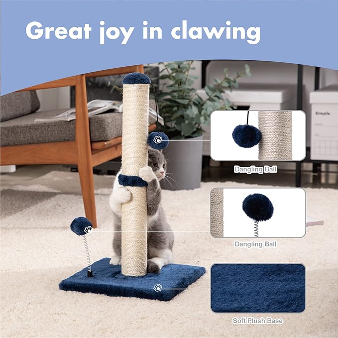 MECOOL Cat Scratching Post Premium Basics Kitten Scratcher Sisal Scratch Posts with Hanging Ball 22 in for Kittens or Smaller Cats, Navy