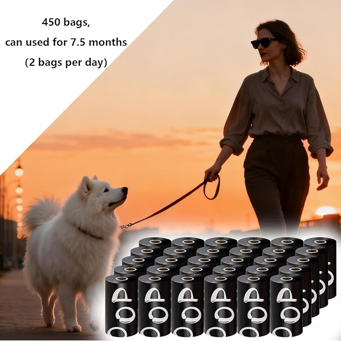 100% plant-based Dog Poop Bags Rolls, ASTM D6400 & EN 13432 Compliant, 450 Poop Bags including dispenser, 13 in × 9 in black poop bags for dogs, Super thick 100% leak proof