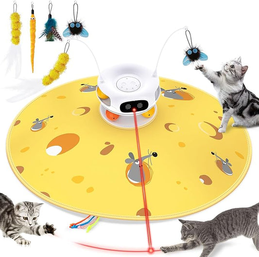 Interactive Cat Toys for Indoor Cats, 5 in 1 Automatic Robot Laser Toy, Motion Activated Hide and Seek, Fluttering Feather, Dual Track Balls and Chirping, Rechargeable Long-Lasting Battery