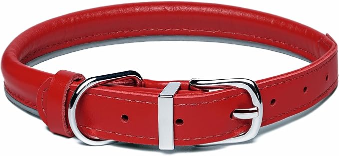 OOPSDOGGY Rolled Leather Dog Collar Reflective Roll Collars for Small Medium Large Dogs Puppy (Red, M, 12''- 15'')