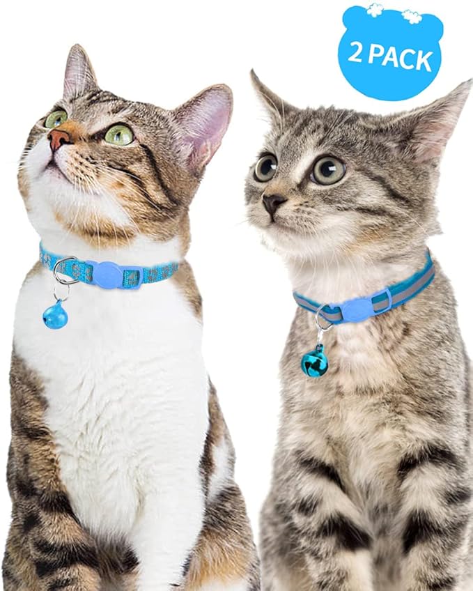 Taglory Reflective Cat Collar Breakaway with Bells, 2 Pack Girl Boy Pet Cat Collar Adjustable 7.5-12.5 Inch, Sky Blue