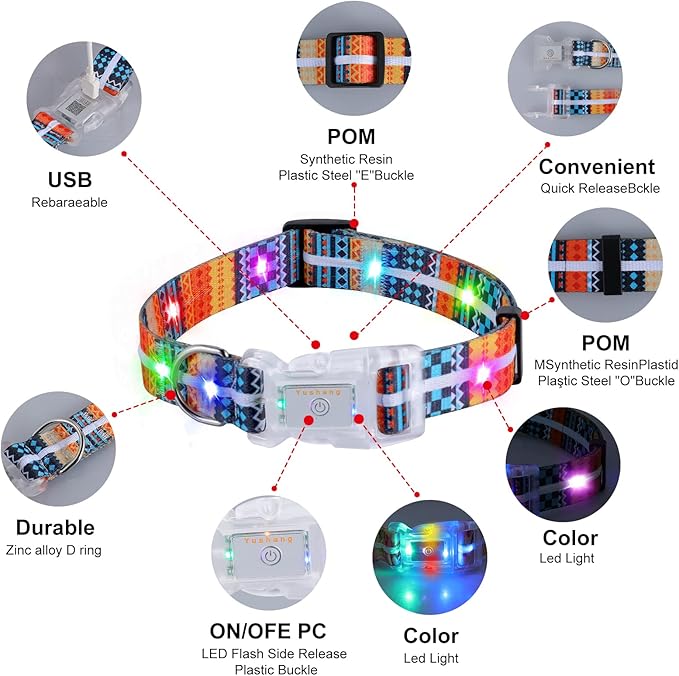 Upgraded Version Light Up Dog Collars,LED Dog Collar Rechargeable Waterproof,2-in-1 Buckle Type Glow Collar for Medium Large Dogs,XS(Bohemian Orange)