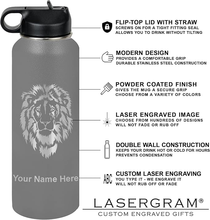 LaserGram Personalized Water Bottle, Dragon, Stainless Steel Double Wall Vacuum Insulated with Flip Top Straw, Custom Engraved Gift (40oz / 1180ml Gray)
