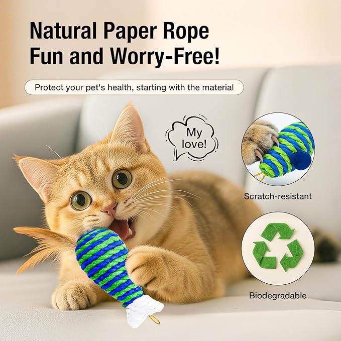 UTEE Cat Toy Set – Interactive Feather Toys, Jingle Balls & Teaser Wand, Eco-Friendly Paper Rope, Stimulating Indoor Cat Toy Pack for Exercise & Bonding (Green & Blue)