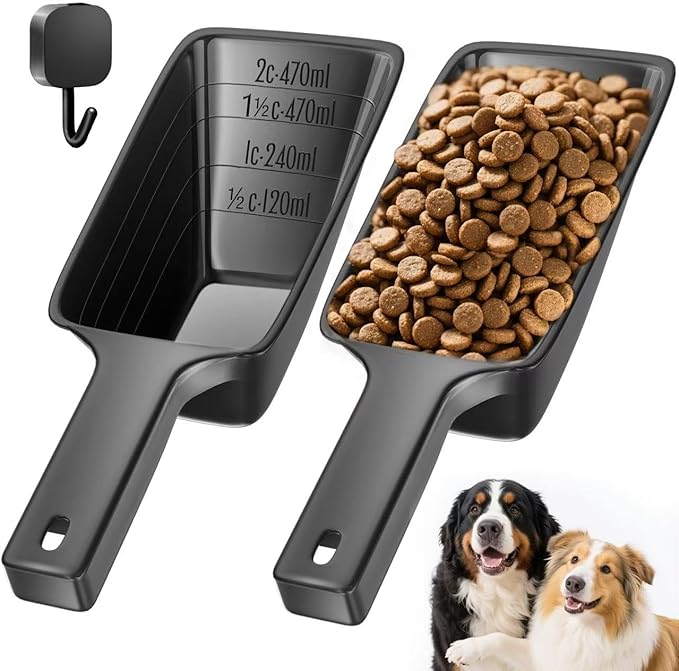 Food Scoop 2 PACK,2 Cup Capacity Dog Food Scooper With Measuring Lines For Dog, Puppy and Cat Coffee Bean Scoop, Flour Scoop (Large Black)