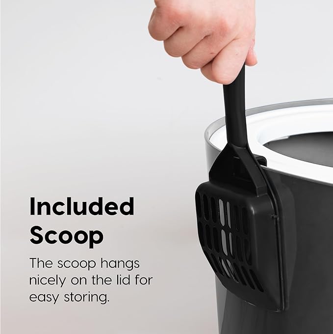 IRIS USA Cat Litter Box, Large Top Entry with Litter Catching Lid and Scoop, Dog Proof, Cat Box Enclosure, Dark Gray/White