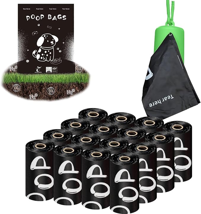 100% plant-based Dog Poop Bags Rolls, ASTM D6400 & EN 13432 Compliant, 240 Poop Bags including dispenser, 13 in × 9 in black poop bags for dogs, Super thick 100% leak proof