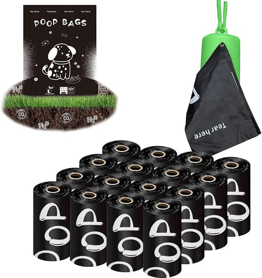 100% plant-based Dog Poop Bags Rolls, ASTM D6400 & EN 13432 Compliant, 240 Poop Bags including dispenser, 13 in × 9 in black poop bags for dogs, Super thick 100% leak proof