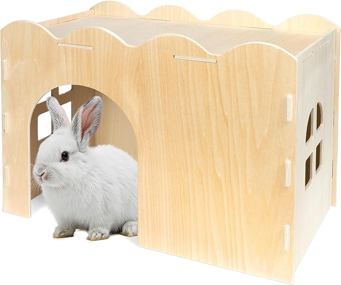 Rabbit Hideout, Natural Wooden Chew Proof Hideaway Hut for Small Pets (Wood, Rabbit)