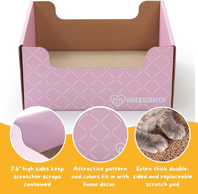 HIDE & SCRATCH Cardboard Cat Scratcher; Cat Scratcher Box and Bed with Refillable Double-Sided Cardboard Scratch Pad for Indoor Cats