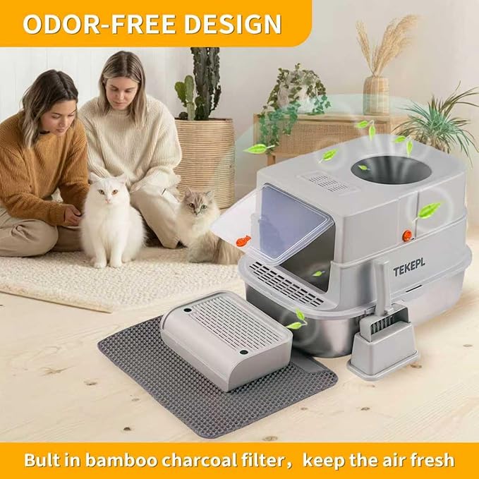 Stainless Steel Cat Litter Box with Lid, Extra Large Cat Litter Box for Large Cat, Metal Litter Pan with High Sided Enclosed and Scoop, Front & Top Entry, Anti-Leakage, Easy to Clean, Grey