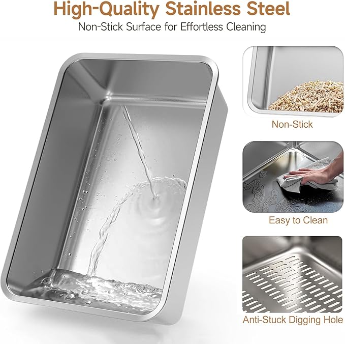 XL Stainless Steel Sifting Cat Litter Box with Lid, Sifting Litter Box for Pine Pellets, Metal Litter Pan with Scoop, Pad, Liners, High Sided Enclosure, Odor Control, Anti-Leakage