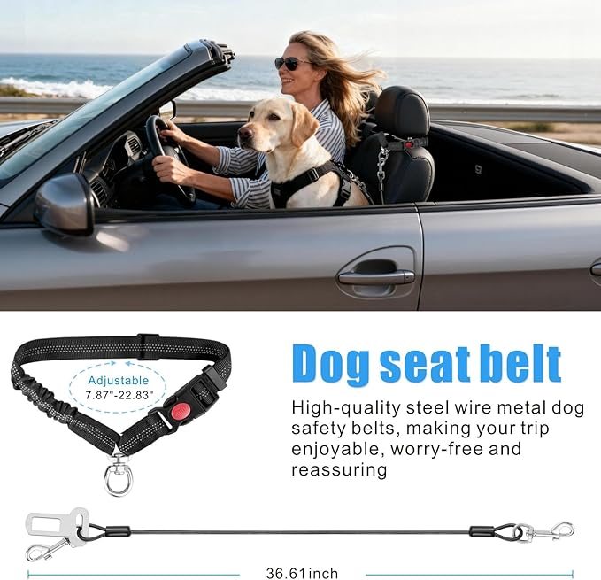 Idepet Dog Seat Belt for Car, 2 Pcs Stainless Steel Chew Proof Dog Seatbelt 3 in 1 Harness for Safety Heavy Duty Pet Seat Belt for Medium & Large Dogs (Black+Black)