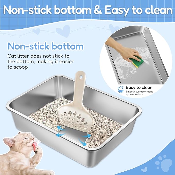 LIHONG Stainless Steel Cat Litter Box for Cat and Rabbit, Odor Control Litter Box Non Slip Rubber Feet. Odor Control, Non Stick, Never Bend 16" L x 12" W x 4" H