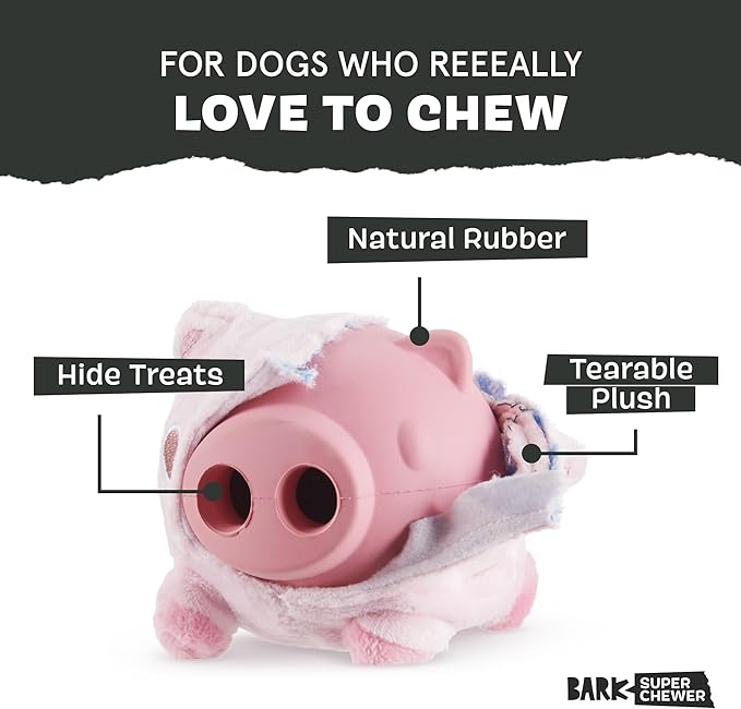 Barkbox Hambone Super Chewer Tough Dog Chew Toy for Aggressive Chewers, Plush Cover with Rubber Core - 2 Toys in 1 – Two Layer Treat Dispensing Dog Toy for Large Dogs