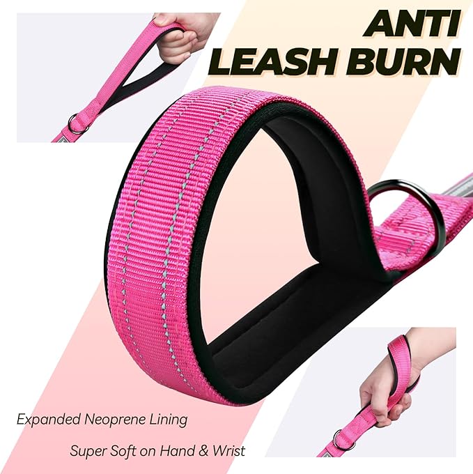 VIVAGLORY Twingrip Dog Leash, Double Handle Dog Leash for Training & Walking with Traffic Handle & 2 Loop, Traffic Control Reflective Heavy Duty for Puppy Pet, 5ft x 1in, Pink